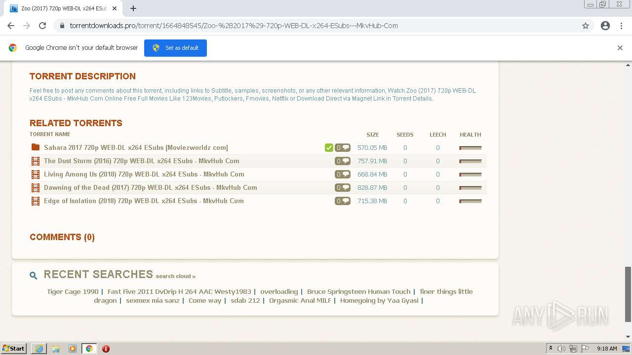 Malware analysis https://www.torrentdownloads.pro/torrent/1664848545/Zoo-%282017%29-720p-WEB-DL-x264-ESubs---MkvHub-Com  Malicious activity | ANY.RUN - Malware Sandbox Online