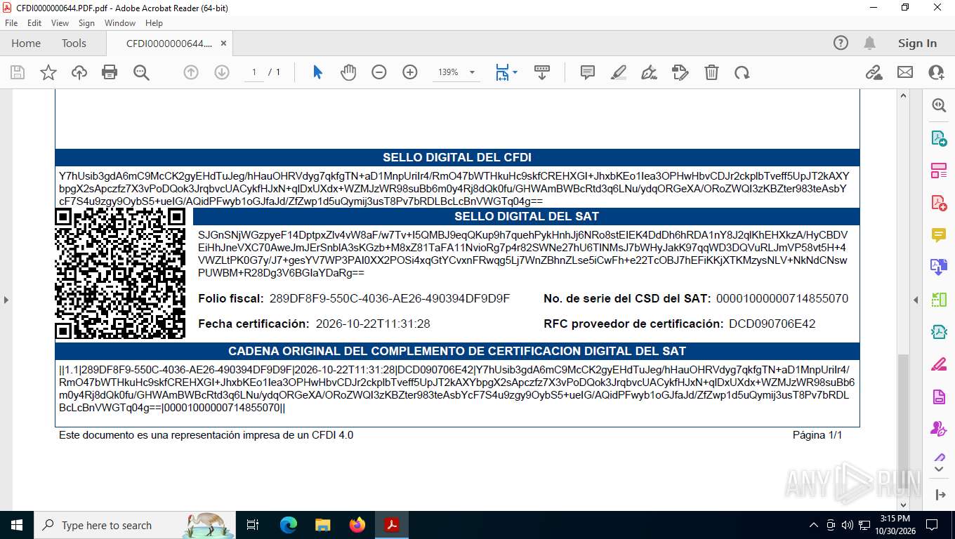 Acrobat Portable Malware analysis CFDI0000000644.PDF No threats detected | ANY.RUN ...