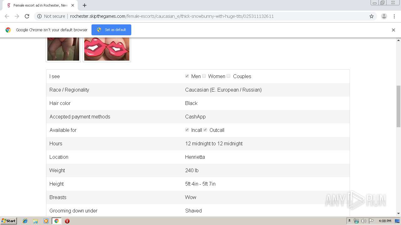 Malware analysis http://rochester.skipthegames.com/female-escorts/caucasian_e/thick-snowbunny-with-huge-tits/025311132611  No threats detected | ANY.RUN - Malware Sandbox Online