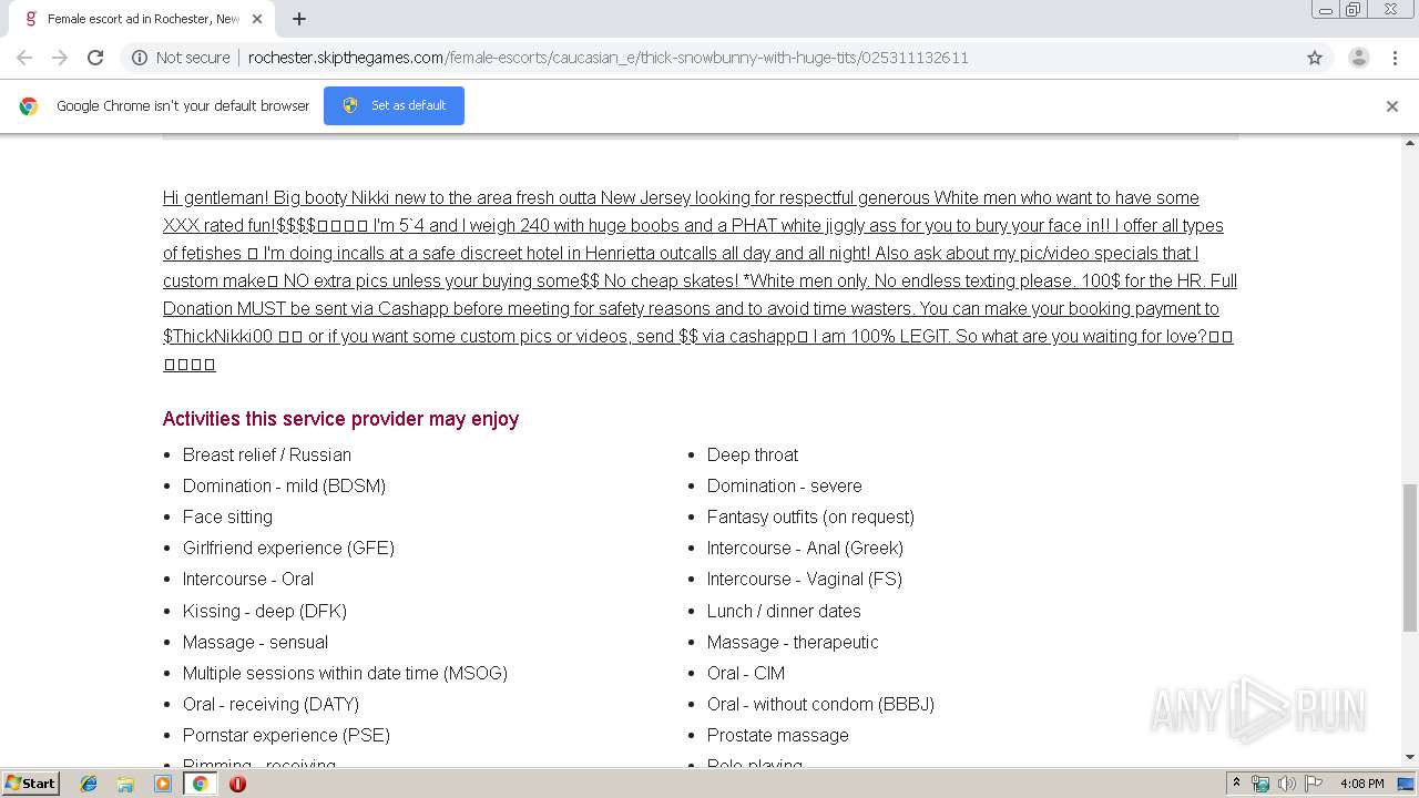 Malware analysis http://rochester.skipthegames.com/female-escorts/caucasian_e/thick-snowbunny-with-huge-tits/025311132611  No threats detected | ANY.RUN - Malware Sandbox Online