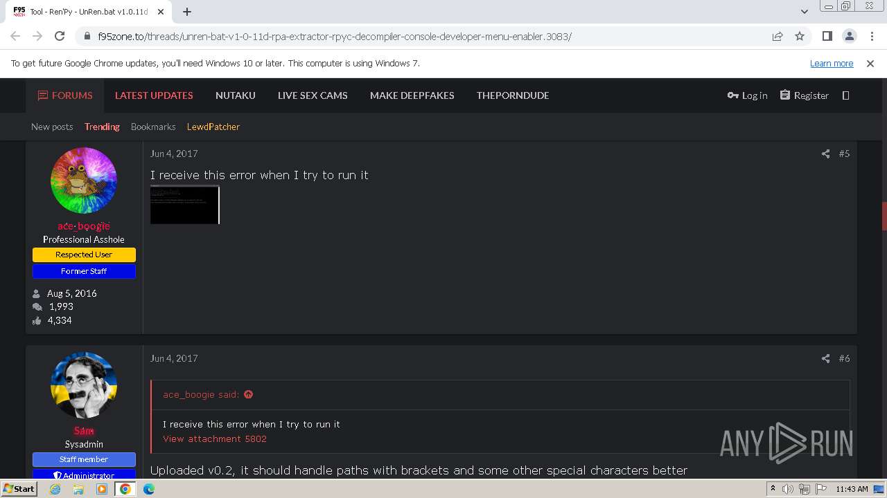 Malware analysis  https://f95zone.to/threads/unren-bat-v1-0-11d-rpa-extractor-rpyc-decompiler-console-developer-menu-enabler.3083/  Malicious activity | ANY.RUN - Malware Sandbox Online